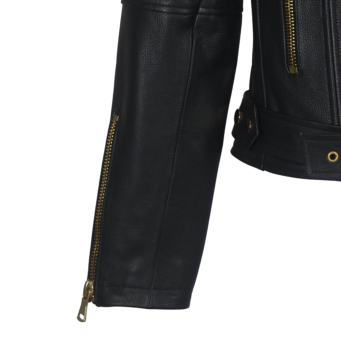 Close up of Classic Black Moto Jacket with Gold Hardware