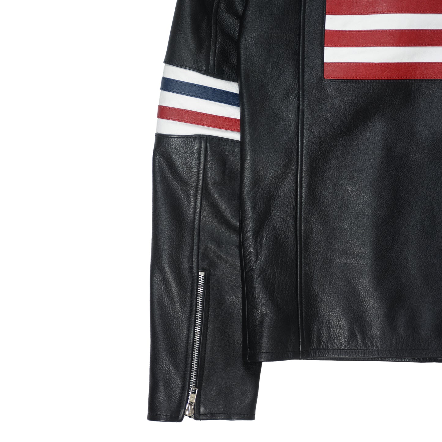 Detailed shot of zipper and stitching on USA-themed biker jacket