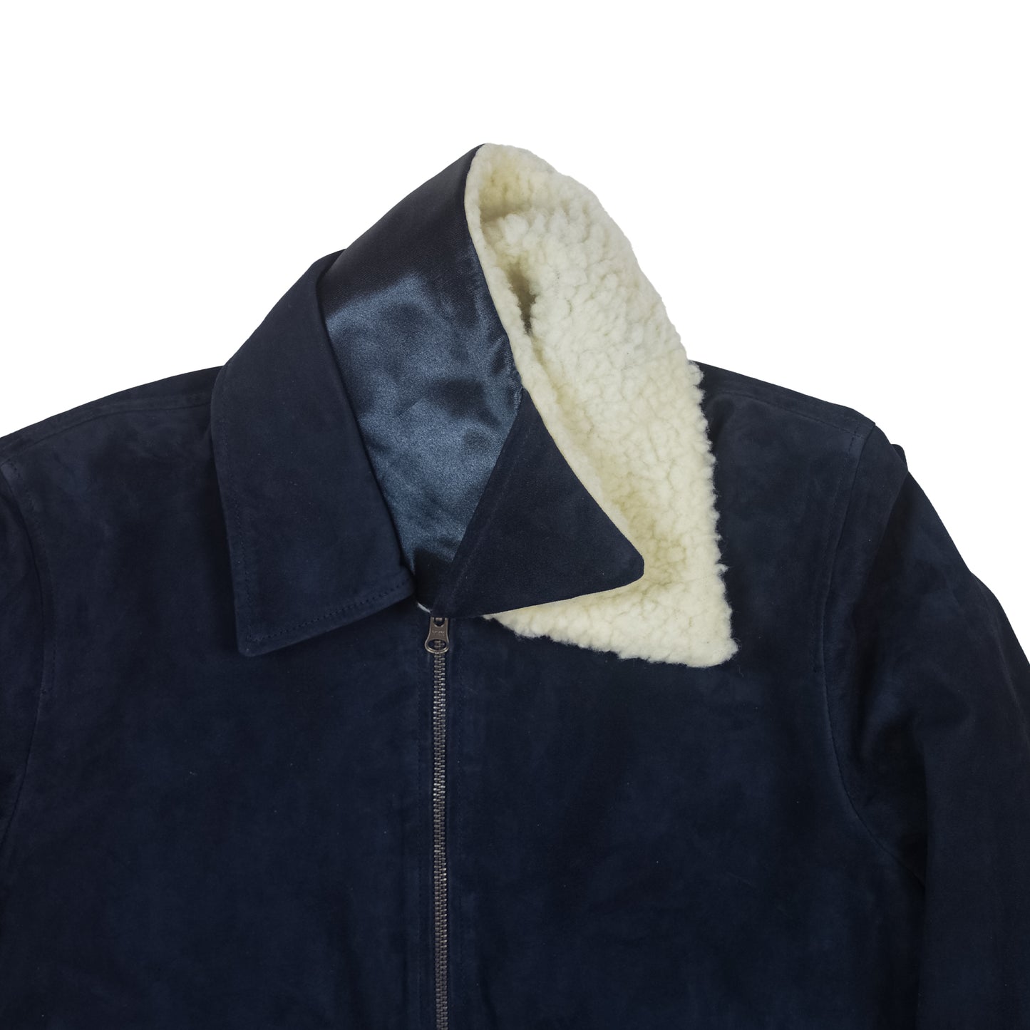 Close-up of sheep fur collar on Oslo Sheep Fur Suede Jacket