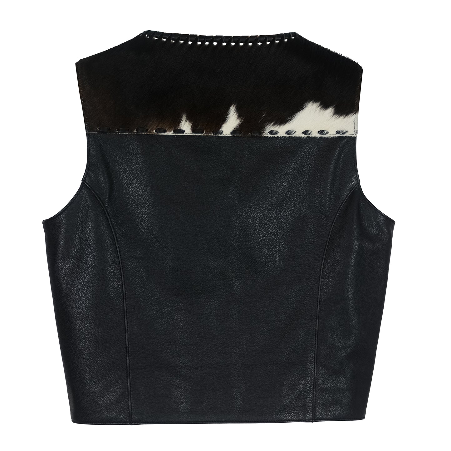 Savanna Luxe Leather Vest back view – hair-on-hide cowhide design