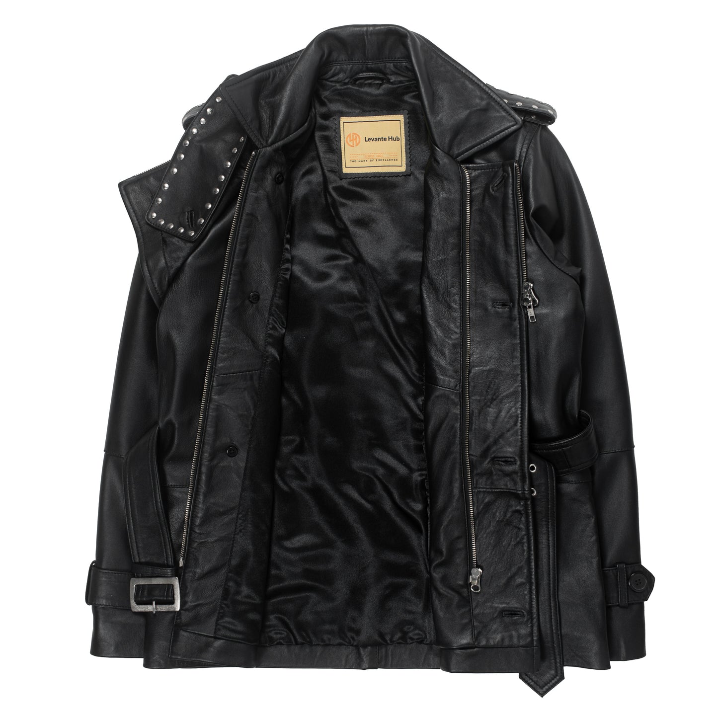 Black Studded Leather Trench Jacket