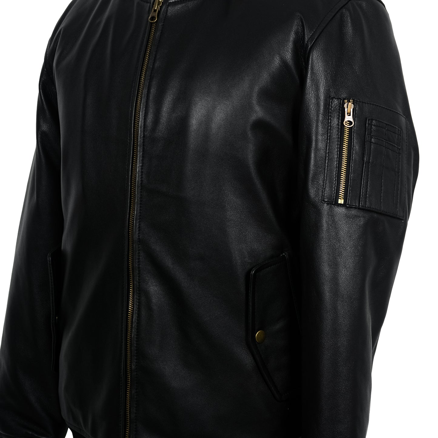 Close-up of zipper and stand collar on Black Classic Sheep Leather Bomber Jacket