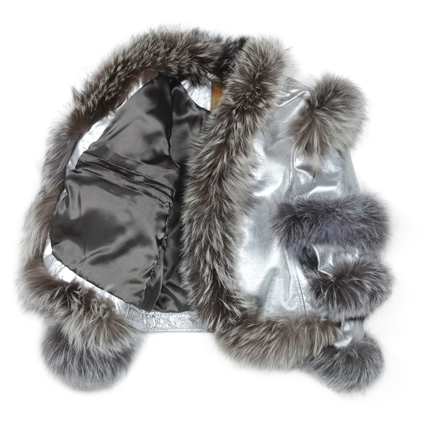 Close Up View of Aurora Luxe Metallic Silver Sheep Leather Jacket with Fox Fur Trim