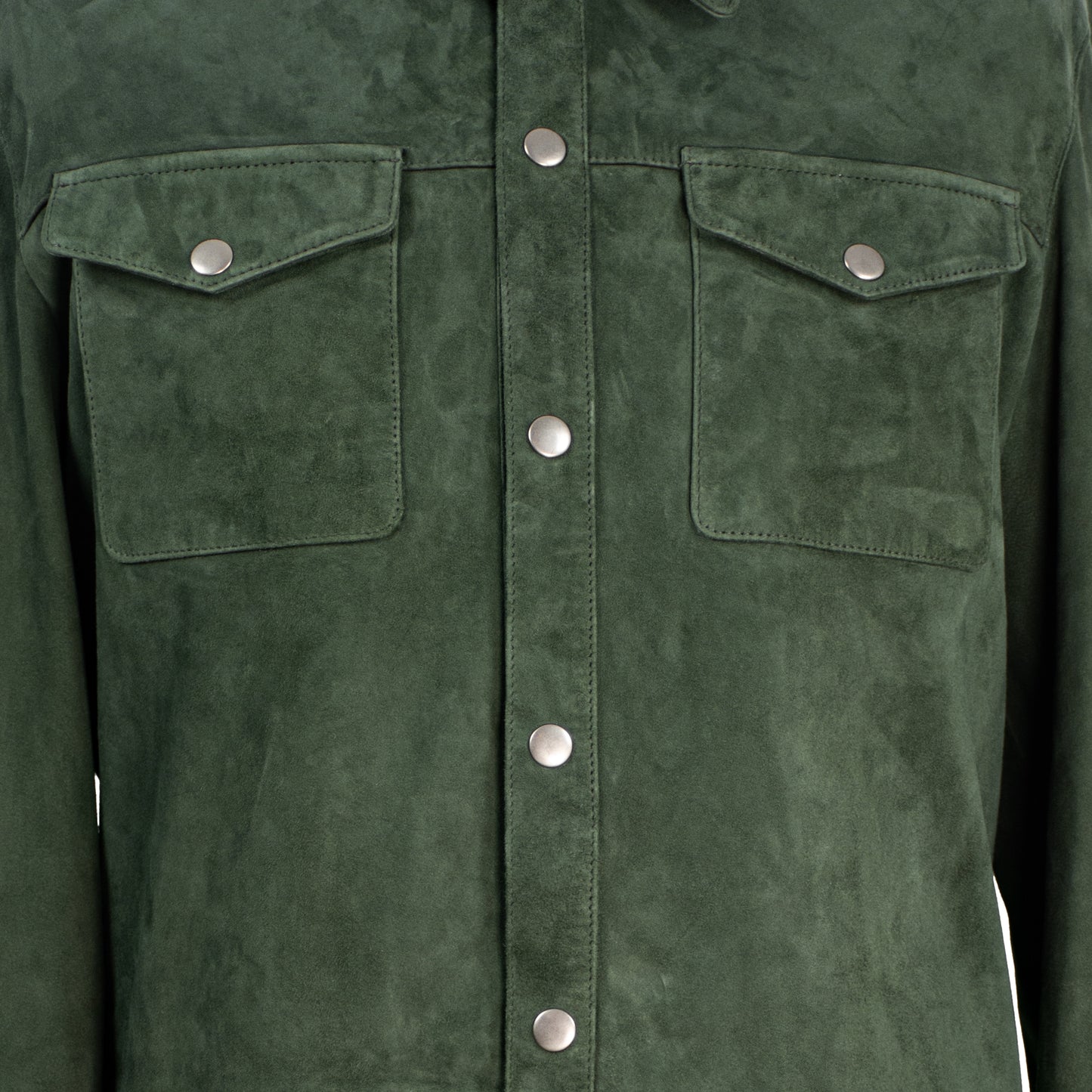 Close up view of Verdant Ridge Forest Green Suede Shirt