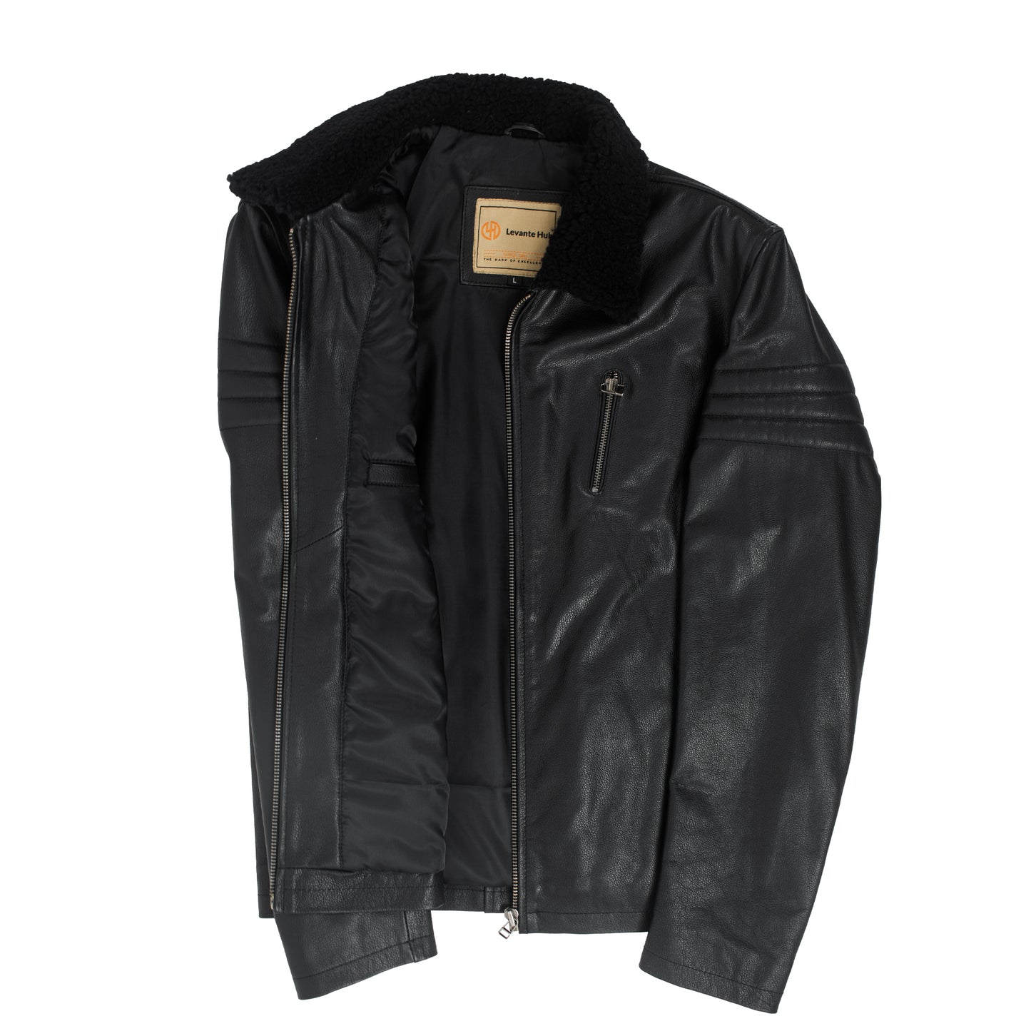 Black Stallion Cowhide Leather Jacket with Original Sheep Fur Collar