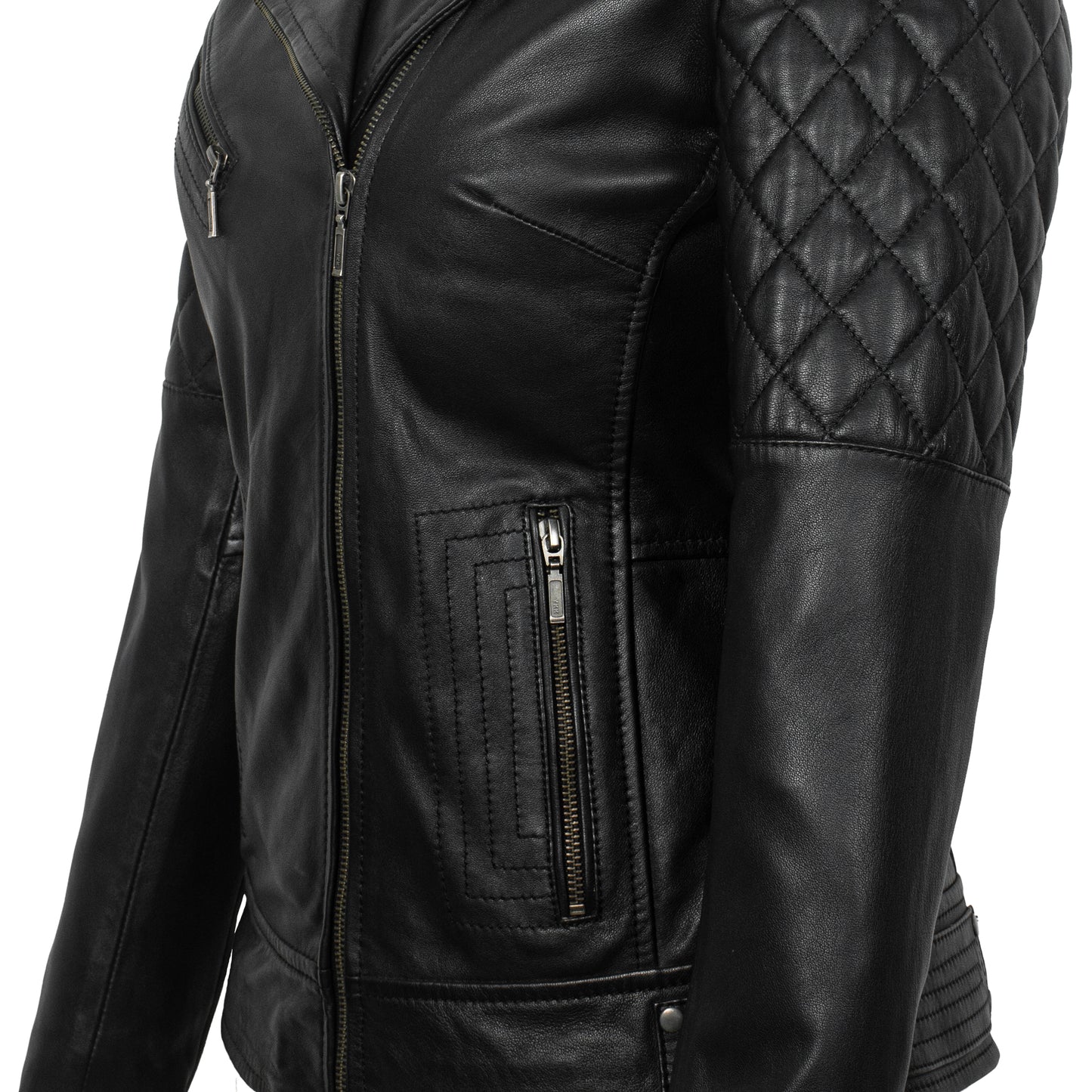 Black Quilted Lambskin Leather Jacket for Women – Stylish Slim‑Fit Biker Jacket