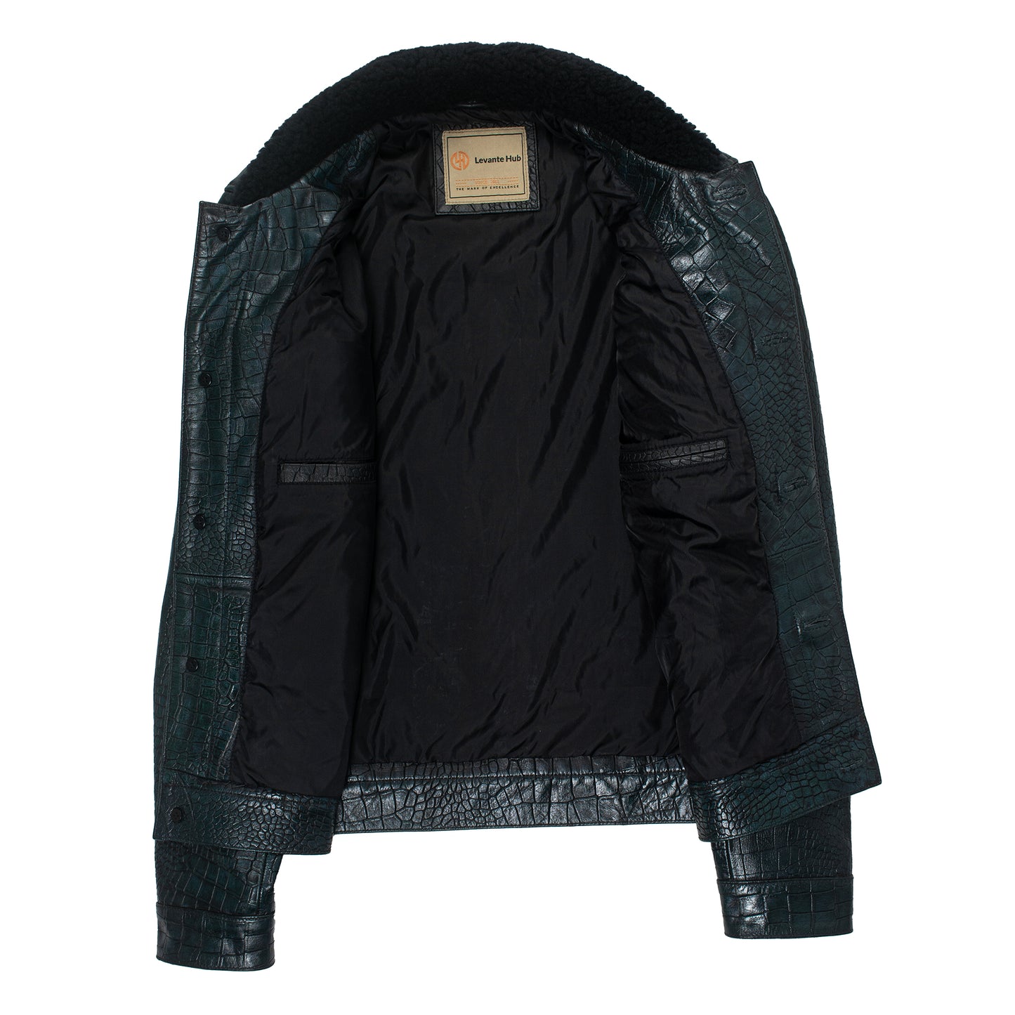 Emerald Croco Luxe Leather Jacket – Genuine Sheep Fur Collar