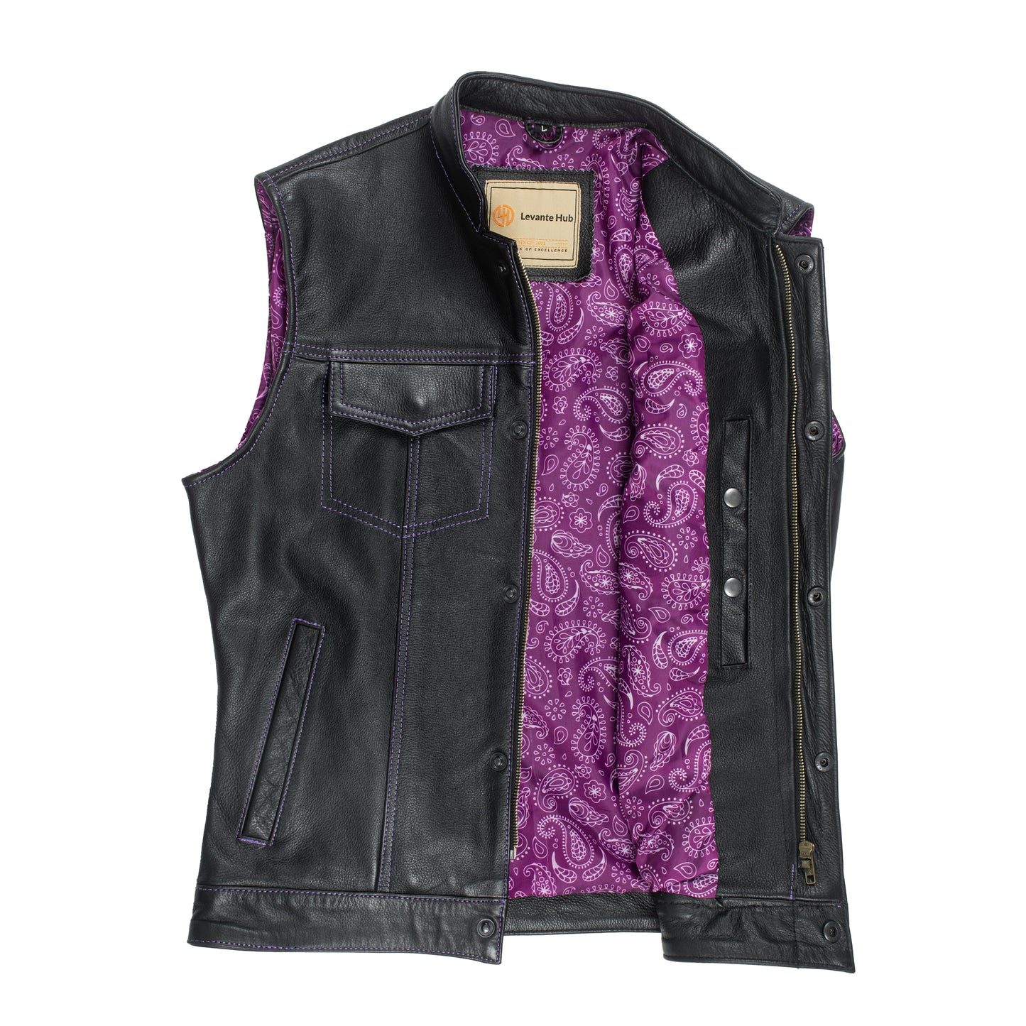 Inner view of Women's Cowhide Motorcycle Vest – Purple Paisley Lined