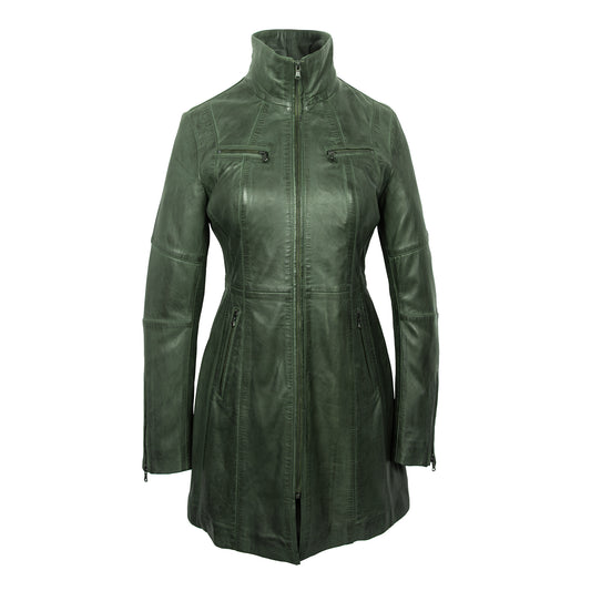 Emerald Green Leather Trench Coat for Women – Stylish Genuine Leather Jacket