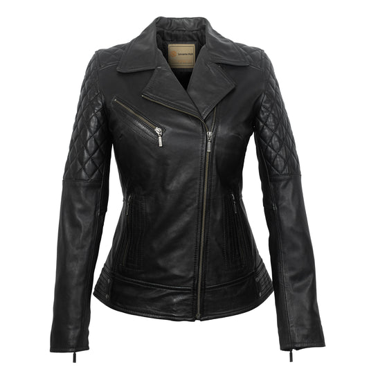 Black Quilted Lambskin Leather Jacket for Women – Stylish Slim‑Fit Biker Jacket