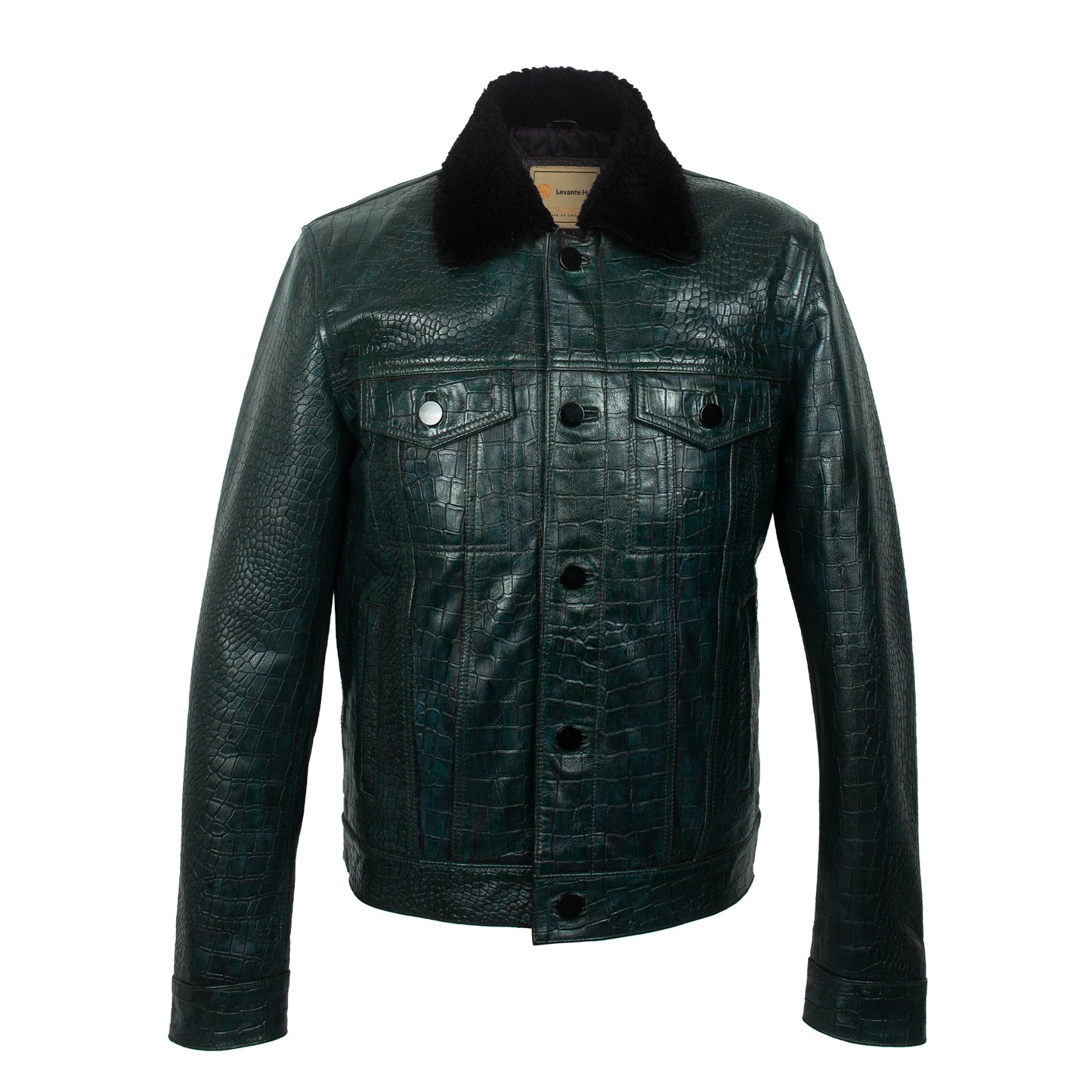Emerald Croco Luxe Leather Jacket – Genuine Sheep Fur Collar