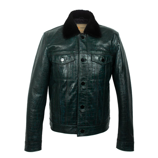 Emerald Croco Luxe Leather Jacket – Genuine Sheep Fur Collar