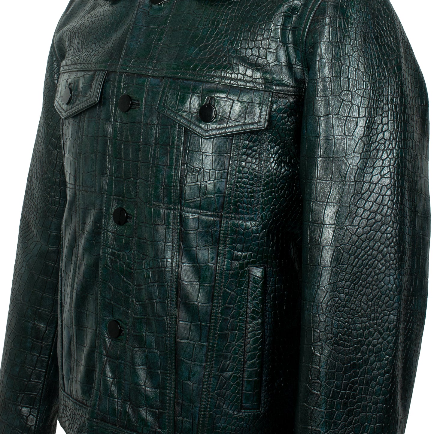 Emerald Croco Luxe Leather Jacket – Genuine Sheep Fur Collar